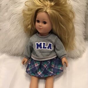 Blonde Hair Doll with Gray Sweater and Plaid Skirt